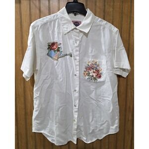 Cambridge Country‎ Store Embroidered Floral Shirt Short Sleeve Button White L